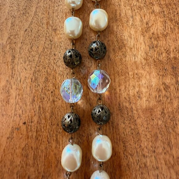 Long costume pearl, rainbow crystal, and brass necklace - Picture 6 of 10